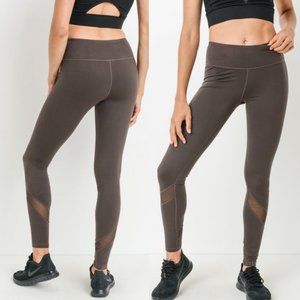 Mono B AP1324 Brown Yoga Leggings with Mesh Accent
